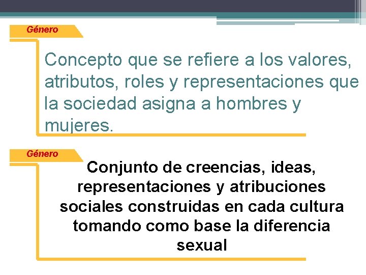 Género Concepto que se refiere a los valores, atributos, roles y representaciones que la