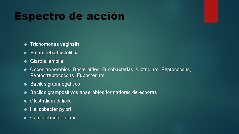 Espectro de acción Trichomonas vaginalis Entamoeba hystolitica Giardia lamblia Cocos anaerobios: Bacteroides, Fusobacterias, Clotridium,