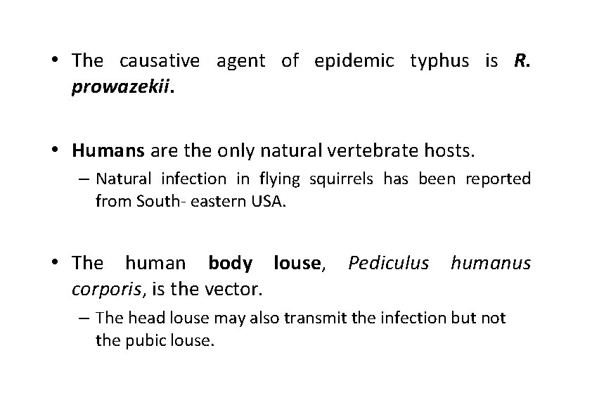  • The causative agent of epidemic typhus is R. prowazekii. • Humans are