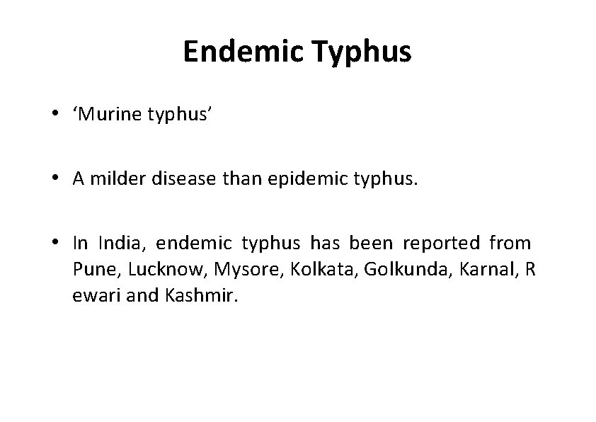 Endemic Typhus • ‘Murine typhus’ • A milder disease than epidemic typhus. • In