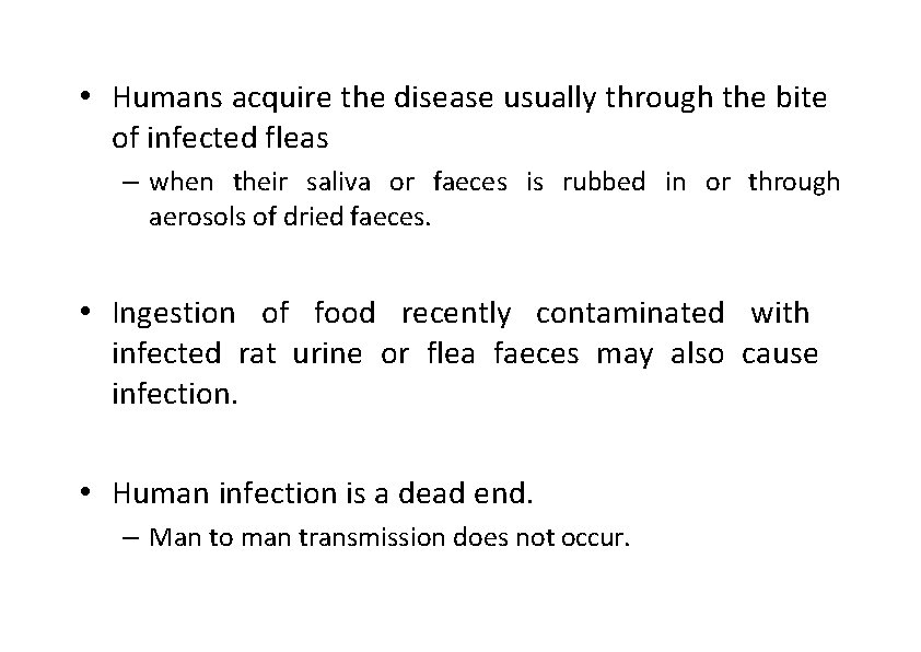  • Humans acquire the disease usually through the bite of infected fleas –