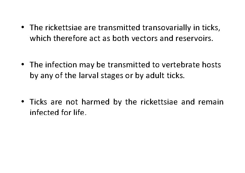 • The rickettsiae are transmitted transovarially in ticks, which therefore act as both