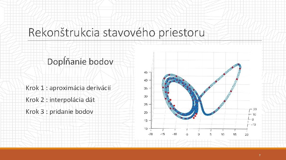 Rekonštrukcia stavového priestoru Dopĺňanie bodov Krok 1 : aproximácia derivácií Krok 2 : interpolácia