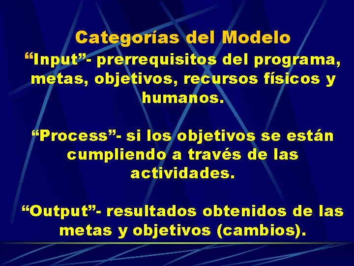 Categorías del Modelo “Input”- prerrequisitos del programa, metas, objetivos, recursos físicos y humanos. “Process”-