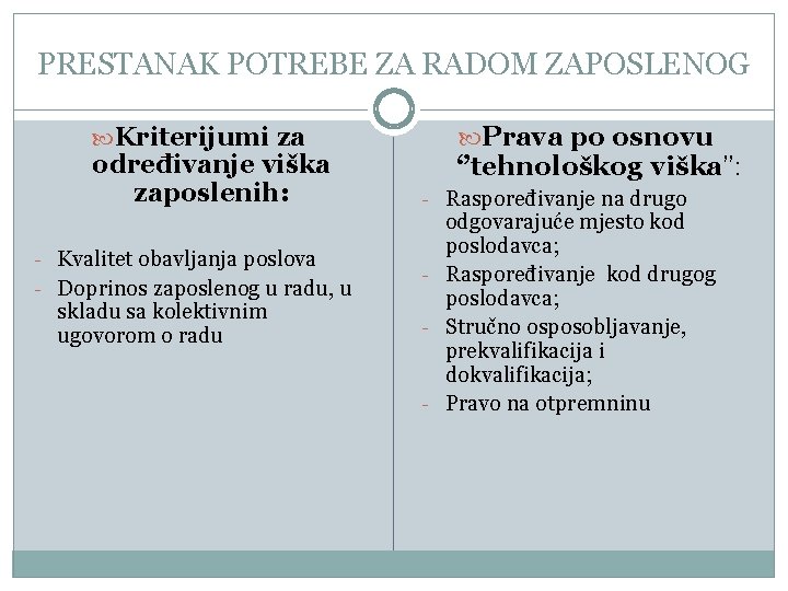 PRESTANAK POTREBE ZA RADOM ZAPOSLENOG Kriterijumi za određivanje viška zaposlenih: - Kvalitet obavljanja poslova