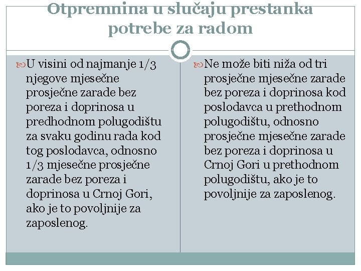 Otpremnina u slučaju prestanka potrebe za radom U visini od najmanje 1/3 njegove mjesečne Otpremnina u slučaju prestanka potrebe za radom U visini od najmanje 1/3 njegove mjesečne