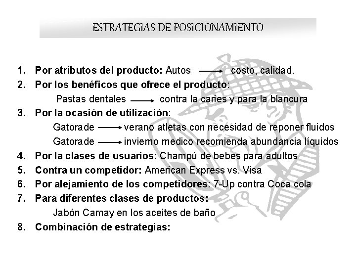 ESTRATEGIAS DE POSICIONAMIENTO 1. Por atributos del producto: Autos costo, calidad. 2. Por los