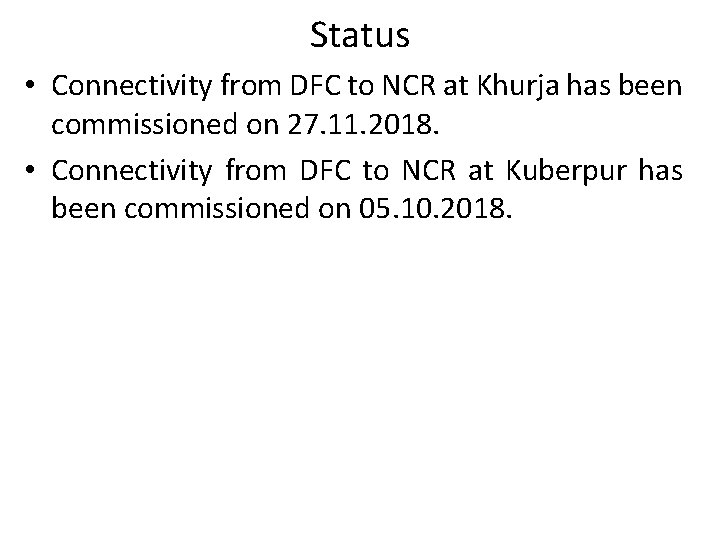 Status • Connectivity from DFC to NCR at Khurja has been commissioned on 27.