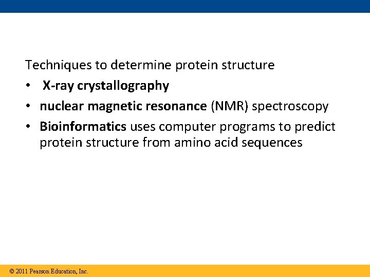 Techniques to determine protein structure • X-ray crystallography • nuclear magnetic resonance (NMR) spectroscopy