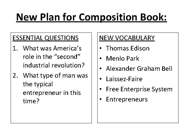 New Plan for Composition Book: ESSENTIAL QUESTIONS 1. What was America’s role in the