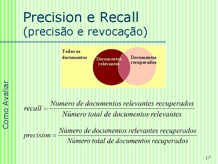 Precision e Recall (precisão e revocação) Documentos relevantes Documentos recuperados Como Avaliar Todos os