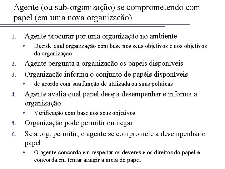 Agente (ou sub-organização) se comprometendo com papel (em uma nova organização) 1. Agente procurar