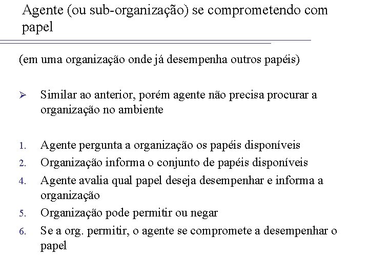 Agente (ou sub-organização) se comprometendo com papel (em uma organização onde já desempenha outros