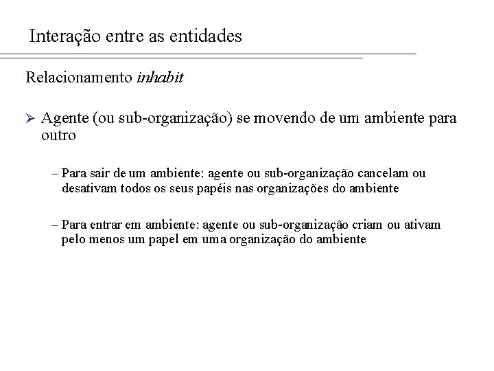 Interação entre as entidades Relacionamento inhabit Ø Agente (ou sub-organização) se movendo de um