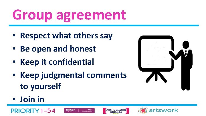 Group agreement Respect what others say Be open and honest Keep it confidential Keep