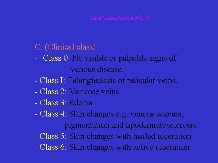 CEAP classification of C. V. I. C. (Clinical class): Class 0: No visible or