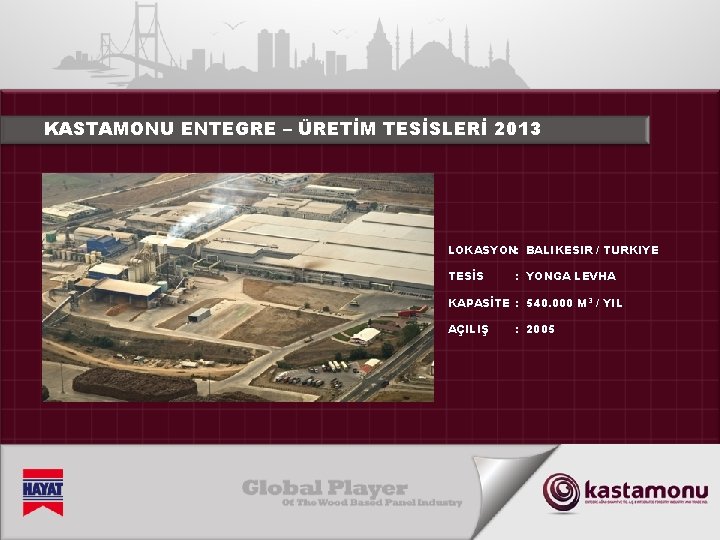 KASTAMONU ENTEGRE – ÜRETİM TESİSLERİ 2013 LOKASYON: BALIKESIR / TURKIYE TESİS : YONGA LEVHA