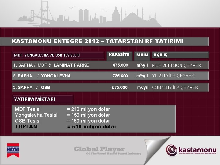 KASTAMONU ENTEGRE 2012 – TATARSTAN RF YATIRIMI MDF, YONGALEVHA VE OSB TESİSLERİ KAPASİTE BİRİM