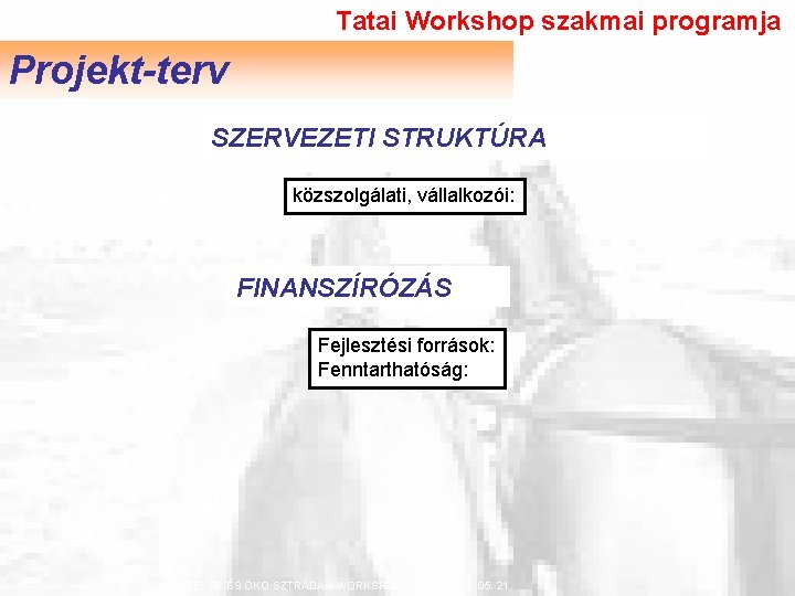 Tatai Workshop szakmai programja Projekt-terv SZERVEZETI STRUKTÚRA közszolgálati, vállalkozói: FINANSZÍRÓZÁS Fejlesztési források: Fenntarthatóság: MAGYAR