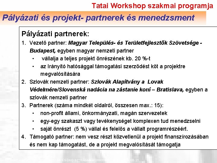 Tatai Workshop szakmai programja Pályázati és projekt- partnerek és menedzsment Pályázati partnerek: 1. Vezető