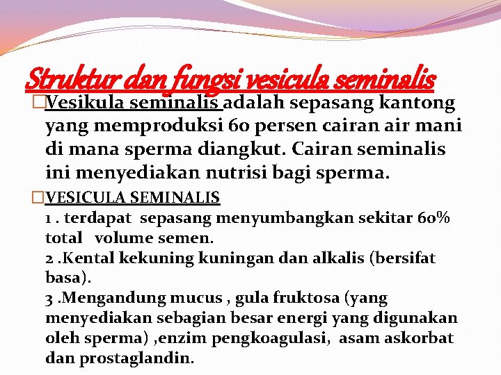 Struktur dan fungsi vesicula seminalis �Vesikula seminalis adalah sepasang kantong yang memproduksi 60 persen