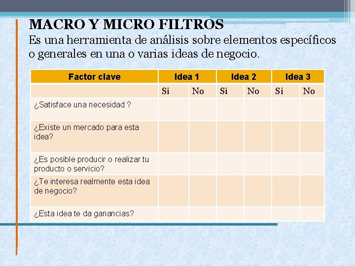 MACRO Y MICRO FILTROS Es una herramienta de análisis sobre elementos específicos o generales