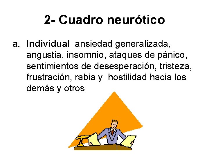 2 - Cuadro neurótico a. Individual ansiedad generalizada, angustia, insomnio, ataques de pánico, sentimientos