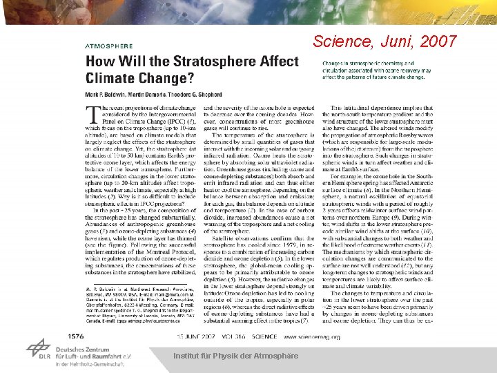 Science, Juni, 2007 Institut für Physik der Atmosphäre 