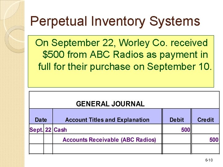 Perpetual Inventory Systems On September 22, Worley Co. received $500 from ABC Radios as