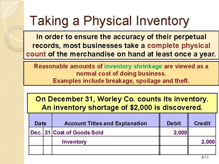 Taking a Physical Inventory In order to ensure the accuracy of their perpetual records,