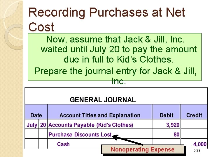 Recording Purchases at Net Cost Now, assume that Jack & Jill, Inc. waited until