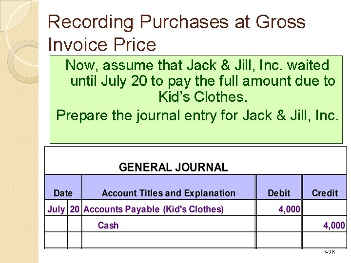 Recording Purchases at Gross Invoice Price Now, assume that Jack & Jill, Inc. waited