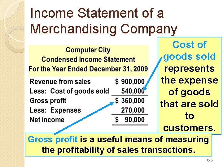 Income Statement of a Merchandising Company Cost of goods sold represents the expense of