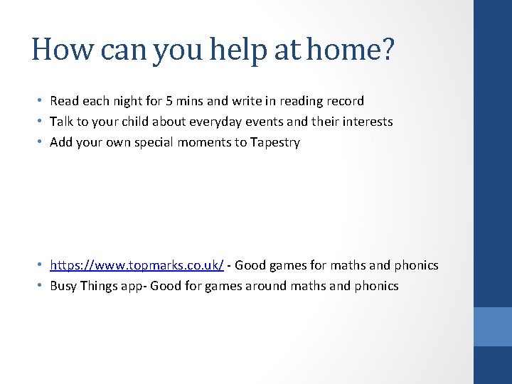 How can you help at home? • Read each night for 5 mins and