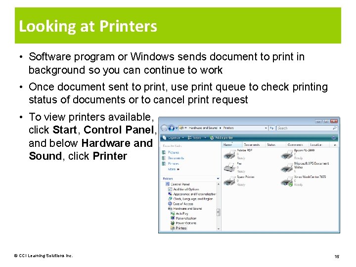 Looking at Printers • Software program or Windows sends document to print in background
