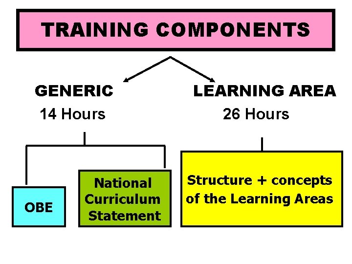 TRAINING COMPONENTS GENERIC 14 Hours OBE National Curriculum Statement LEARNING AREA 26 Hours Structure