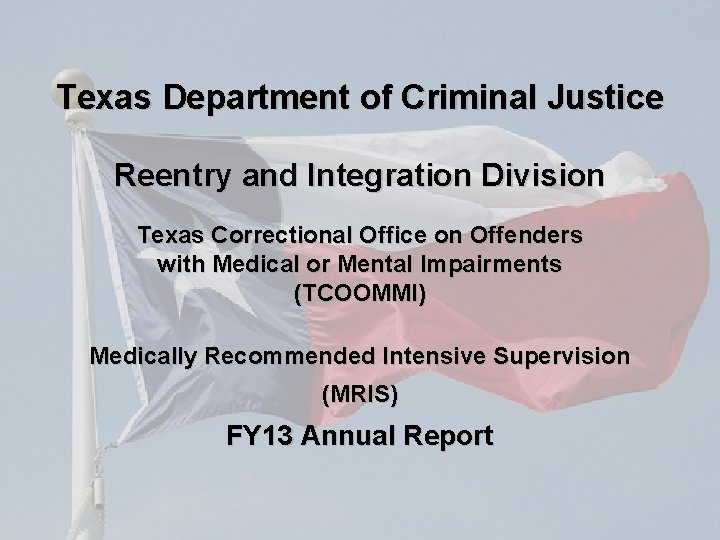 Texas Department of Criminal Justice Reentry and Integration Division Texas Correctional Office on Offenders