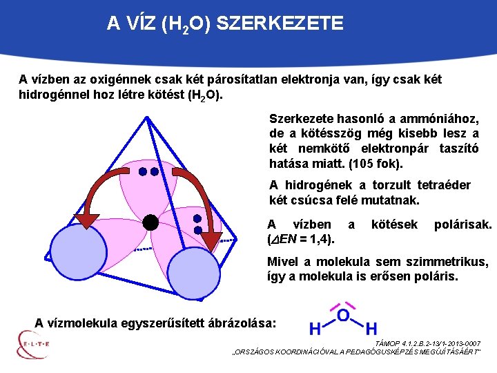 A VÍZ (H 2 O) SZERKEZETE A vízben az oxigénnek csak két párosítatlan elektronja