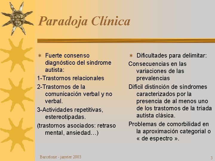 Paradoja Clínica ¬ Fuerte consenso diagnóstico del síndrome autista: 1 -Trastornos relacionales 2 -Trastornos