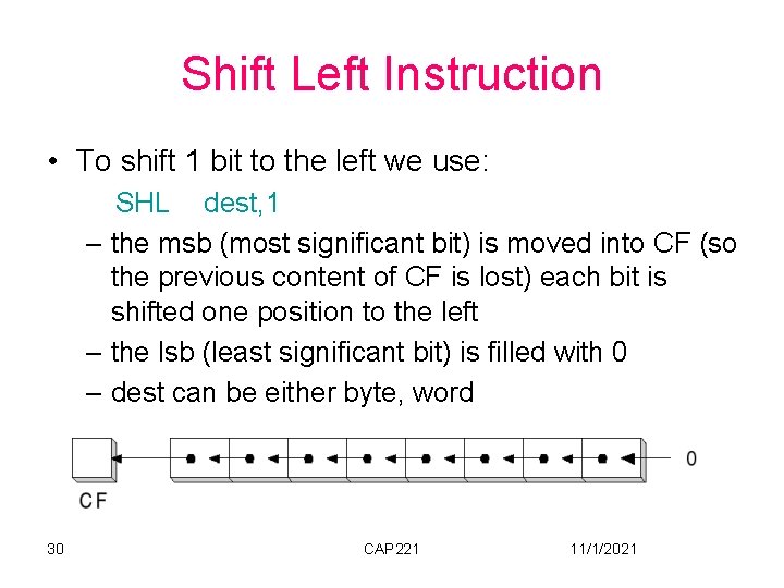 Shift Left Instruction • To shift 1 bit to the left we use: SHL