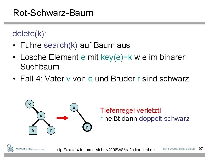 Rot-Schwarz-Baum delete(k): • Führe search(k) auf Baum aus • Lösche Element e mit key(e)=k