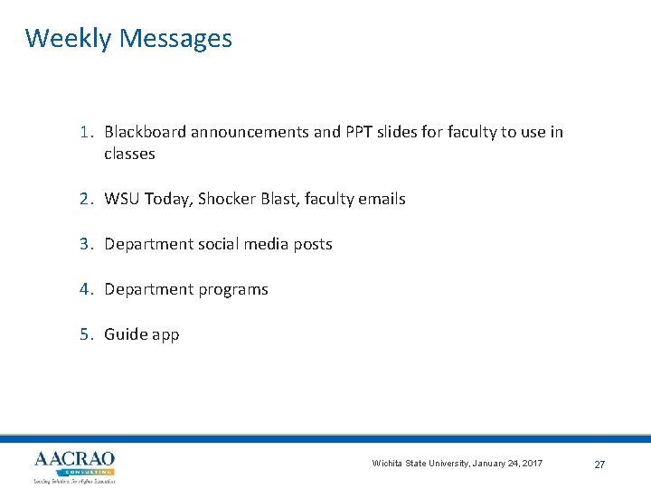 Weekly Messages 1. Blackboard announcements and PPT slides for faculty to use in classes