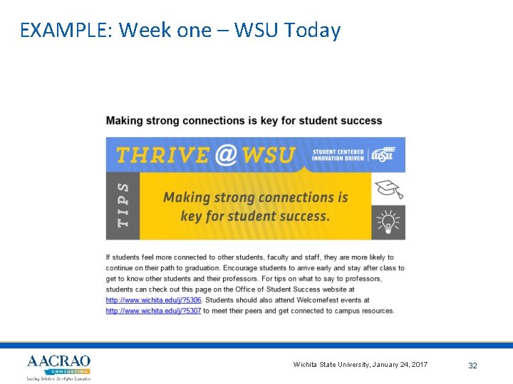 EXAMPLE: Week one – WSU Today Wichita State University, January 24, 2017 32 