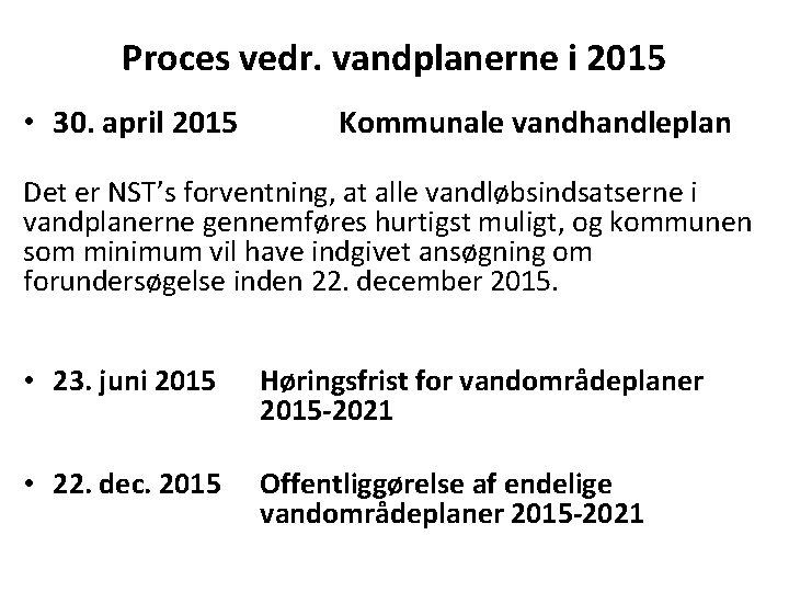 Proces vedr. vandplanerne i 2015 • 30. april 2015 Kommunale vandhandleplan Det er NST’s