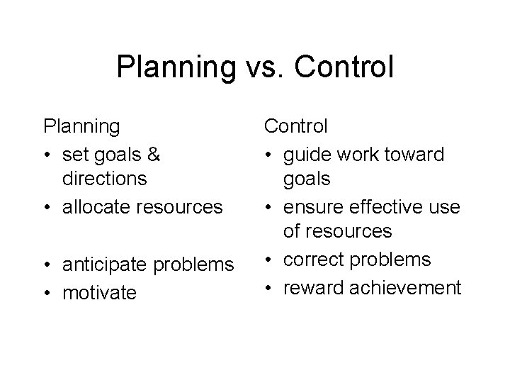 Planning vs. Control Planning • set goals & directions • allocate resources • anticipate Planning vs. Control Planning • set goals & directions • allocate resources • anticipate