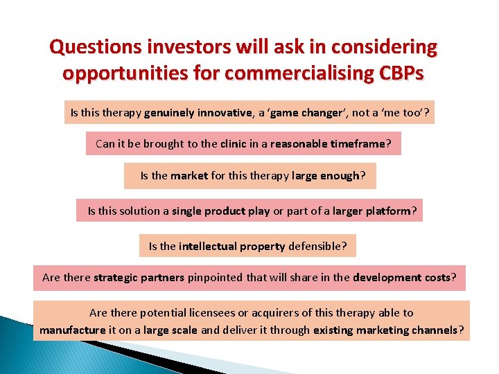 Questions investors will ask in considering opportunities for commercialising CBPs Is this therapy genuinely
