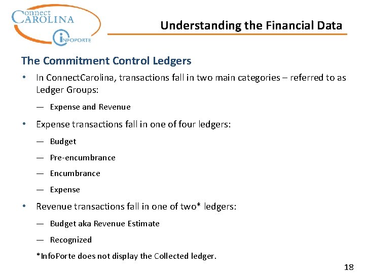 Understanding the Financial Data The Commitment Control Ledgers • In Connect. Carolina, transactions fall