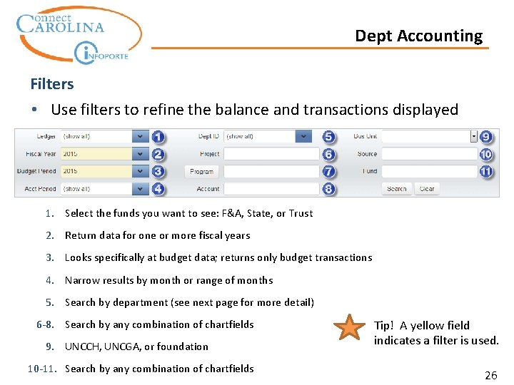 Dept Accounting Filters • Use filters to refine the balance and transactions displayed 1.
