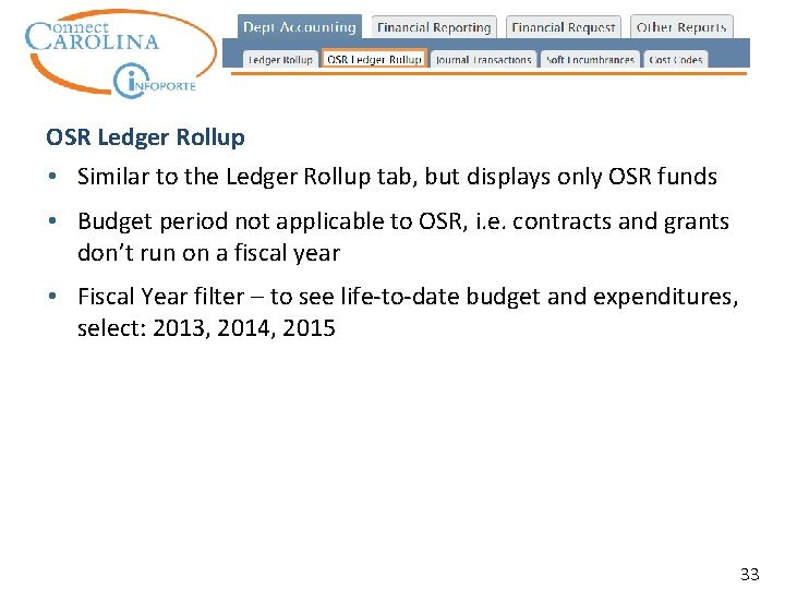 OSR Ledger Rollup • Similar to the Ledger Rollup tab, but displays only OSR