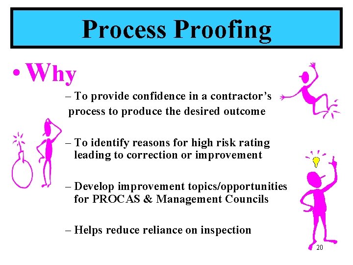 Process Proofing • Why – To provide confidence in a contractor’s process to produce